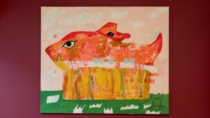 a painting of a pig on a wall at Harbor base SHARK in Sado