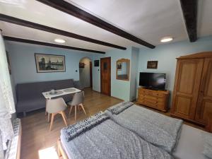 a bedroom with a bed and a table and a tv at Zachęta in Sokolec