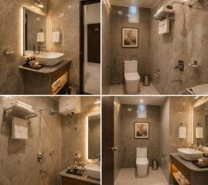 a bathroom with two sinks a toilet and a mirror at Hotel Royal Ashoka in Rājgīr +18 photos