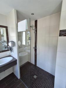 a bathroom with a shower and a sink at Parkhotel Waldbreitbach in Waldbreitbach +14 photos