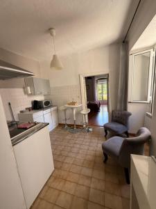 kuchnia i salon ze stołem i krzesłami w obiekcie Appartement Corte w mieście Corte