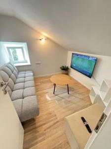 a living room with a couch and a flat screen tv at Casa Duea Sorores in Osredina