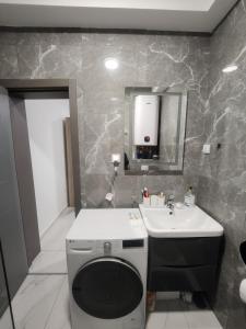 a bathroom with a sink and a toilet and a mirror at DD Apartmani in Sutorina +3 photos