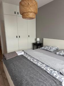 a bedroom with two beds and a chandelier at Di Trevi Apartment in Wrocław