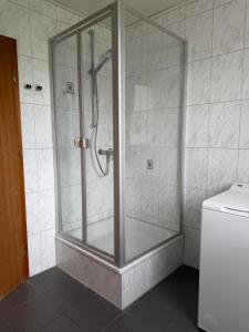 a shower with a glass enclosure in a bathroom at Zimmer im Erdgeschoß mit Bad und Küche in Minden