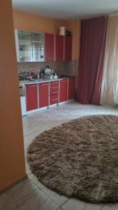 a kitchen with red cabinets and a large rug at Vila Mirel in Eforie Nord
