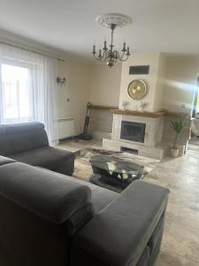 a living room with a couch and a fireplace at Maziarówka in Basznia Dolna