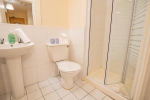 a white bathroom with a toilet and a shower at Spacious Group Base - 4 Bed Central Limerick in Limerick