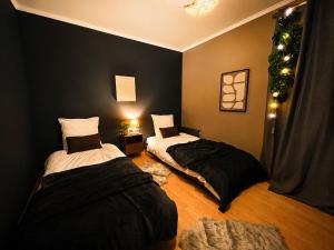two beds in a room with black walls at Le Cercle des Éléments - Maison d'exception - Cinéma, Parking privé -Classé 4 étoiles in La Rivière-de-Corps