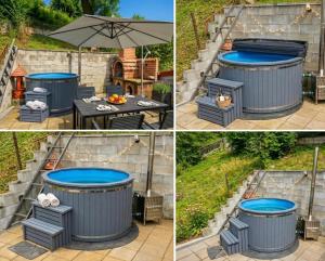 a collage of four pictures of a pool in a backyard at Kral Villa in Sovata