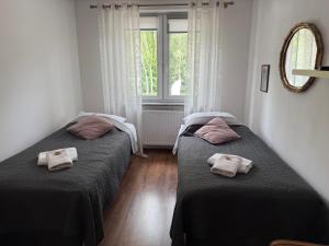 two beds in a small room with a window at Gosciniec Pod Brzozami in Poznań