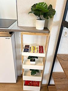 a small shelf in a kitchen with a plant at *moderne Wohnung ANTON in VS mit Küche+Bad in Villingen-Schwenningen