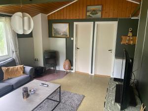 a living room with a couch and a tv at Tiritoppen Cabin in Loen