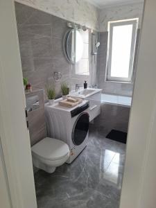 a bathroom with a toilet and a sink at Cozy apartment! in Floreşti