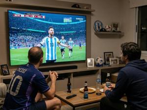 two men sitting in a living room watching a soccer game at Hostel Latinos Brothers Rooftop in Quito