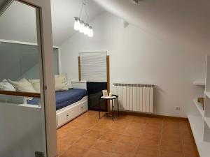 a small bedroom with a bed and a mirror at Casita Arnoia in Allariz
