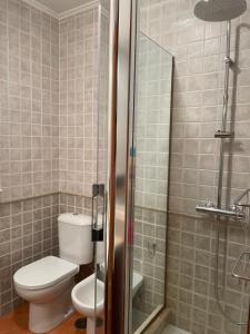 a small bathroom with a toilet and a shower at Casita Arnoia in Allariz +15 photos