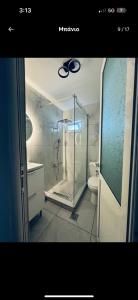 a bathroom with a glass shower and a toilet at the grape house1 in Kalives Poligirou