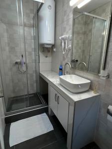 a bathroom with a shower and a sink and a mirror at Apartman Nastić in Lazarevac