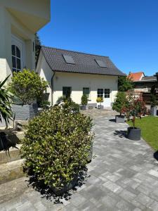 a house with two potted plants in a courtyard at Ferienhaus Zum Gässchen in Weißenfels