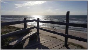 a wooden bench sitting on a beach near the ocean at Familienzelt EINFACH CAMPING direkt am Strand in Dranske
