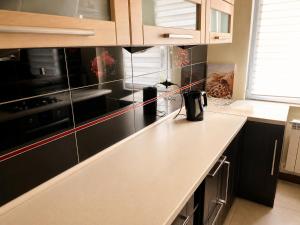 a kitchen with a white counter top and black cabinets at BAIO Apart Sapphire in Libiąż