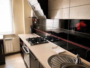 a kitchen with a stove and a counter top at BAIO Apart Sapphire in Libiąż