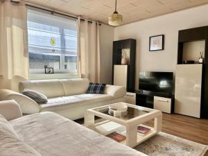 a living room with a couch and a tv at Bella's Eden in Grimma