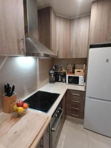a kitchen with wooden cabinets and a white refrigerator at Apartment with terrace in Vinarós