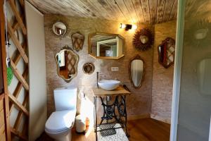 a bathroom with a toilet and a sink and mirrors at Les Yourtes de La Valette in Floreffe +21 photos