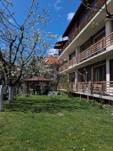 a building with a grass yard next to a building at Homely in Bansko