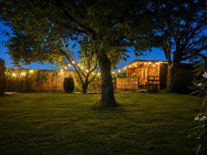 a house with lights in a yard at night at Le Chalet des Pins - La Forge De Clermont in Clermont