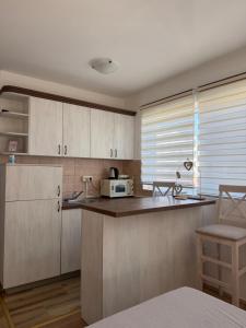 a kitchen with white cabinets and a microwave in it at Jorgovan in Bečići