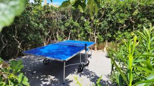 a blue ping pong table in front of trees at Villa Josipa with Private Heated Pool & Close to Beach in Supetar