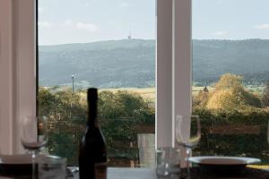 a bottle of wine sitting on a table with wine glasses at Chasseral Sky Dome in Twann