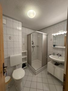 a bathroom with a shower and a toilet and a sink at Haus Krone in Lähn +50 photos