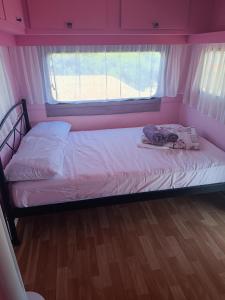 a bed in a pink room with a window at red caravan in Nea Potidaea