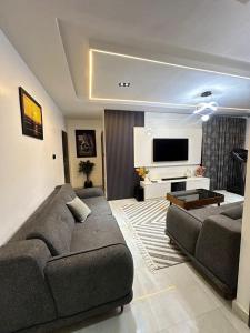 a living room with a couch and a flat screen tv at SKYBUILT APARTMENTs in Abuja