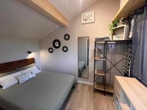 a bedroom with a bed and a shelf at Logement indépendant dans villa direct plage Lac Leman Evian in Publier