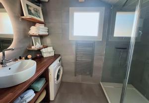 a bathroom with a sink and a shower and a washing machine at Logement indépendant dans villa direct plage Lac Leman Evian in Publier +7 photos