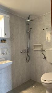 a bathroom with a shower and a toilet at Petradi Residence Sifnos in Platis Gialos