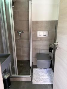 a small bathroom with a toilet and a shower at Ferienwohnung Alpensteinbock in Nesselwang
