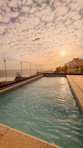 a swimming pool with a bird flying over the ocean at Arka Hotel in Viña del Mar