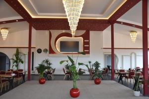 a restaurant with tables and chairs and a tv on the wall at Görele Liva Otel in Görele