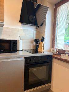 a kitchen with a microwave and a black oven at Apartmán Kunratice in Kunratice