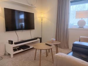 a living room with a tv and a table at Studio Leilighet in Moss