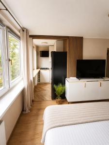 ein Schlafzimmer mit einem Bett und einem schwarzen Kühlschrank in der Unterkunft Golden Studio in Płock