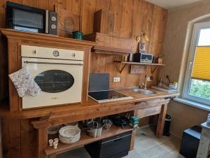 a kitchen with a counter with a microwave and a sink at Ferienwohnung Viktoria - Vintage Apartment in Bad Klosterlausnitz +4 photos