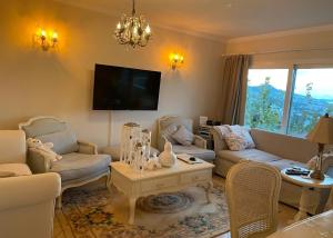 a living room with a couch and chairs and a tv at Oryx Homes & Villas in Bodrum City