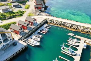 an aerial view of a marina with boats in the water at High standard Lodge Ballstad in Ballstad